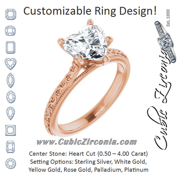 Cubic Zirconia Engagement Ring- The Conchita (Customizable Heart Cut Solitaire with Delicate Milgrain Filigree Band)