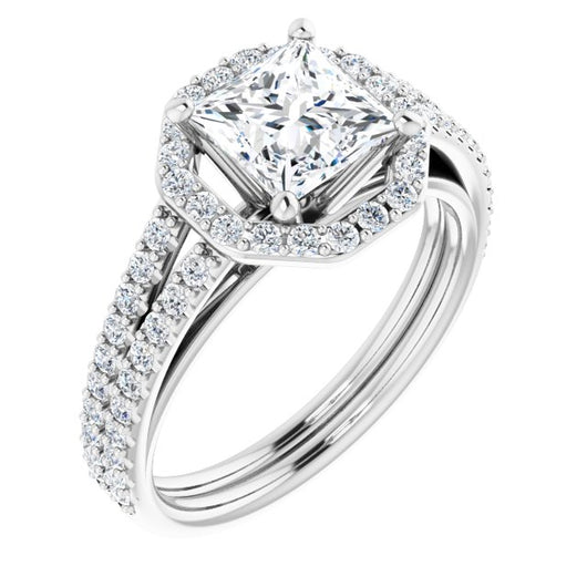 10K White Gold Customizable Cathedral Princess/Square Cut Design with Geometric Halo & Split Pavé Band