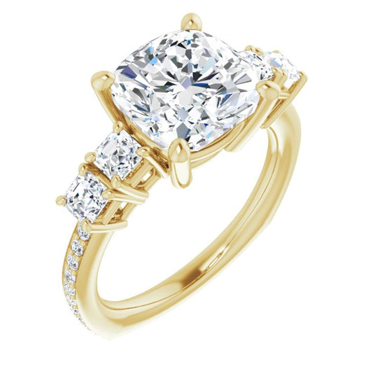 10K Yellow Gold Customizable Cushion Cut 5-stone Style with Quad Cushion Accents plus Shared Prong Band