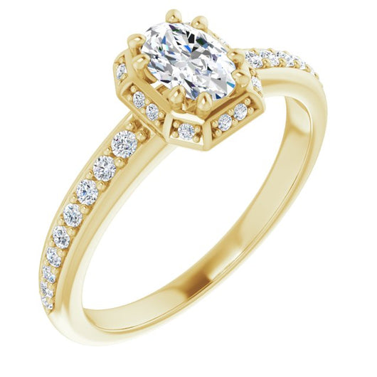 10K Yellow Gold Customizable Oval Cut Design with Geometric Under-Halo and Shared Prong Band