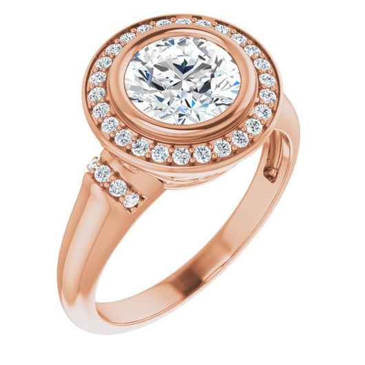 10K Rose Gold Customizable Bezel-set Round Cut Design with Halo and Vertical Round Channel Accents