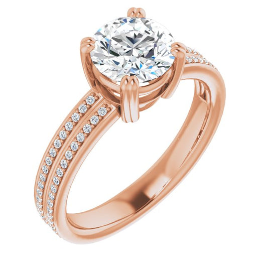 10K Rose Gold Customizable Round Cut Center with 100-stone* "Waterfall" Pavé Split Band