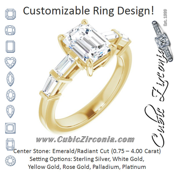 Cubic Zirconia Engagement Ring- The Bodhi (Customizable 9-stone Design with Emerald Cut Center and Round Bezel Accents)