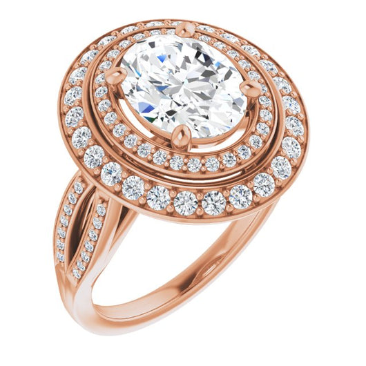 10K Rose Gold Customizable Cathedral-style Oval Cut Design with Double Halo & Split-Pavé Band