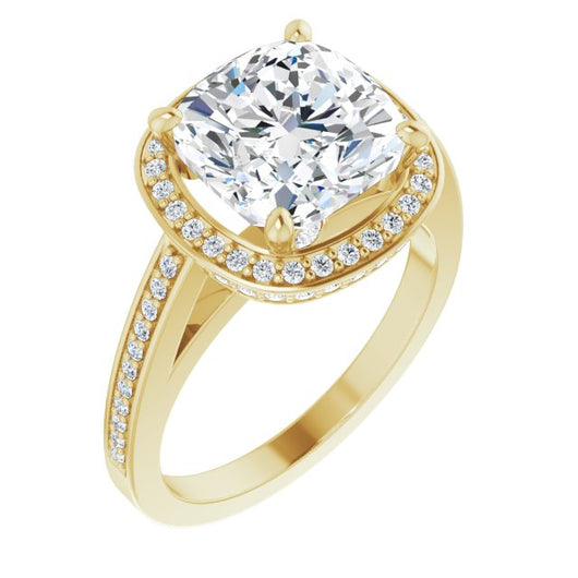 10K Yellow Gold Customizable Cathedral-set Cushion Cut Design with Halo, Thin Pavé Band & Round-Bezel Peekaboos