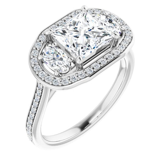 10K White Gold Customizable Princess/Square Cut Style with Oval Cut Accents, 3-stone Halo & Thin Shared Prong Band