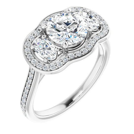 10K White Gold Customizable Round Cut Style with Oval Cut Accents, 3-stone Halo & Thin Shared Prong Band