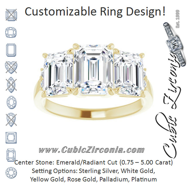 Cubic Zirconia Engagement Ring- The Skylah (Customizable Triple Emerald Cut Design with Quad Vertical-Oriented Round Accents)