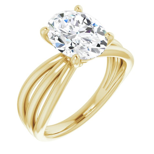 10K Yellow Gold Customizable Oval Cut Solitaire Design with Wide, Ribboned Split-band