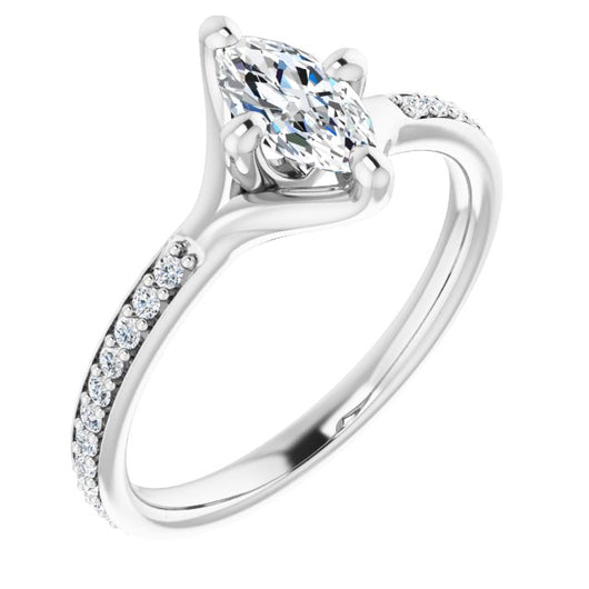 10K White Gold Customizable Marquise Cut Design featuring Thin Band and Shared-Prong Round Accents