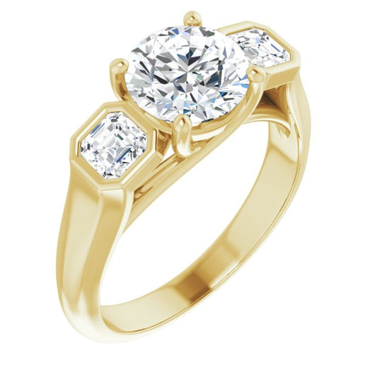 10K Yellow Gold Customizable 3-stone Cathedral Round Cut Design with Twin Asscher Cut Side Stones