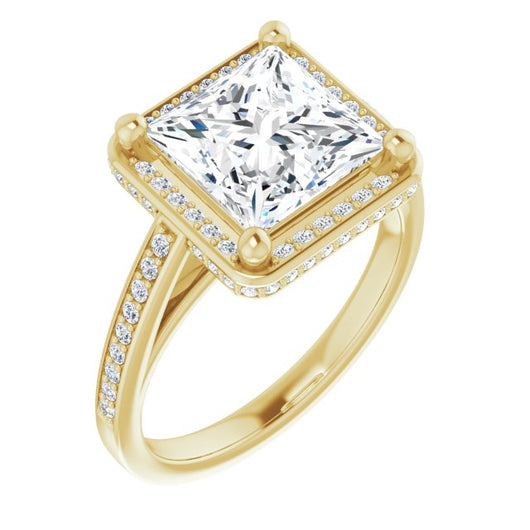 10K Yellow Gold Customizable Cathedral-Halo Princess/Square Cut Design with Under-halo & Shared Prong Band