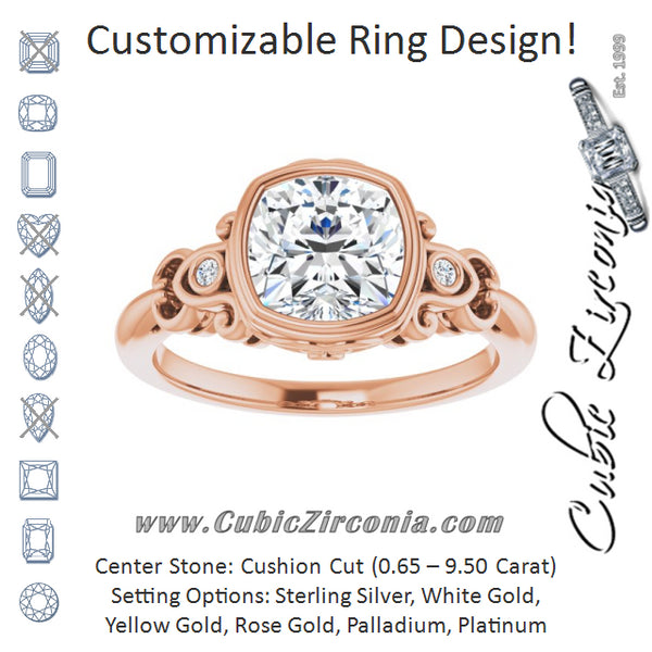 Cubic Zirconia Engagement Ring- The Viridiana (Customizable 5-stone Design with Cushion Cut Center and Quad Round-Bezel Accents)