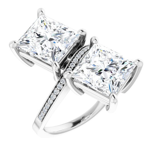 10K White Gold Customizable 2-stone Princess/Square Cut Bypass Design with Thin Twisting Shared Prong Band