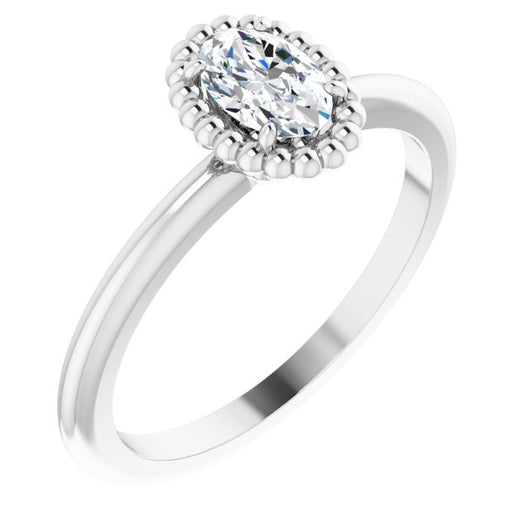 10K White Gold Customizable Oval Cut Solitaire with Beaded Metallic Milgrain