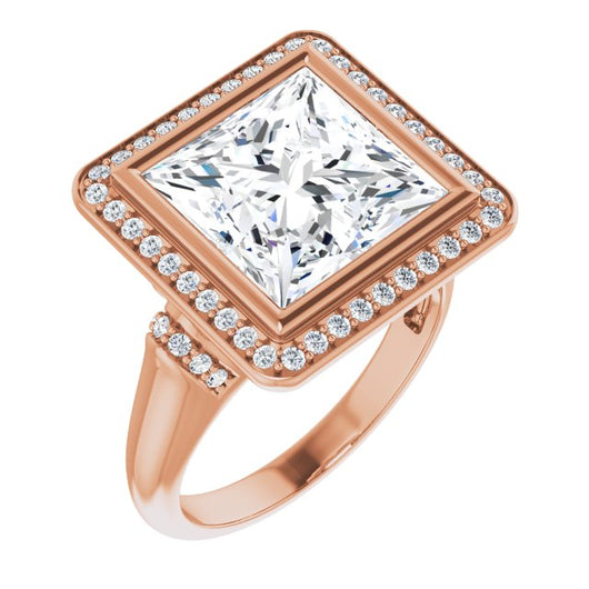 10K Rose Gold Customizable Bezel-set Princess/Square Cut Design with Halo and Vertical Round Channel Accents