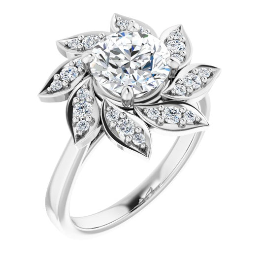 10K White Gold Customizable Round Cut Design with Artisan Floral Halo