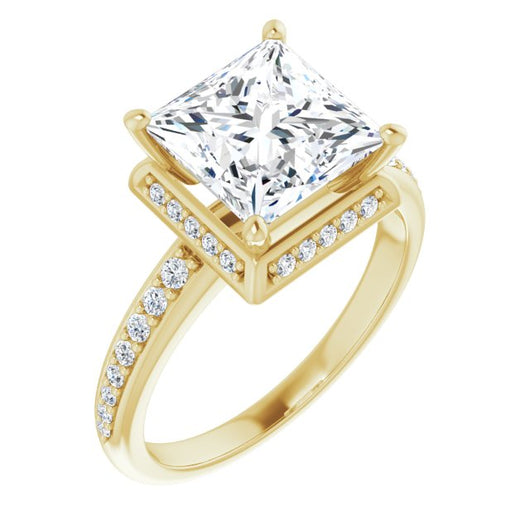 10K Yellow Gold Customizable Princess/Square Cut Design with Geometric Under-Halo and Shared Prong Band