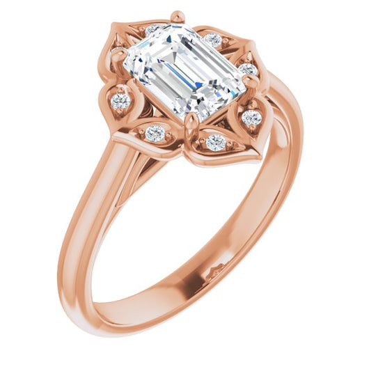 10K Rose Gold Customizable Cathedral-raised Emerald/Radiant Cut Design with Star Halo & Round-Bezel Peekaboo Accents