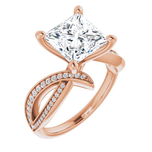 10K Rose Gold Customizable Princess/Square Cut Design with Swooping Pavé Bypass Band