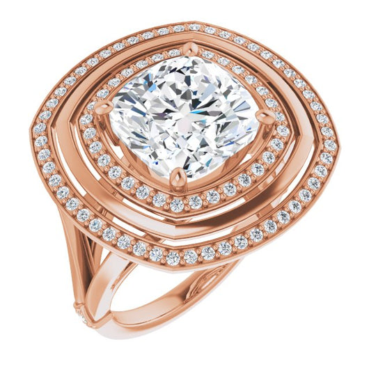 10K Rose Gold Customizable Cushion Cut Oversized 2x Halo Style with Knuckle Accented Split Band