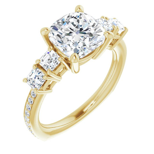 10K Yellow Gold Customizable Cushion Cut 5-stone Style with Quad Cushion Accents plus Shared Prong Band