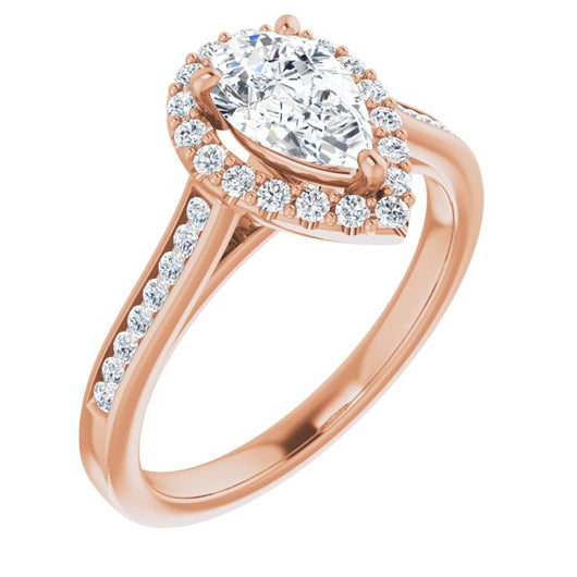 10K Rose Gold Customizable Pear Cut Design with Halo, Round Channel Band and Floating Peekaboo Accents