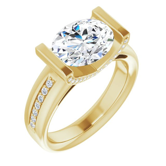 10K Yellow Gold Customizable Cathedral-Bar Oval Cut Design featuring Shared Prong Band and Prong Accents