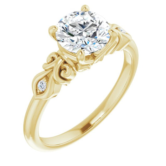 10K Yellow Gold Customizable 3-stone Round Cut Design with Small Round Accents and Filigree