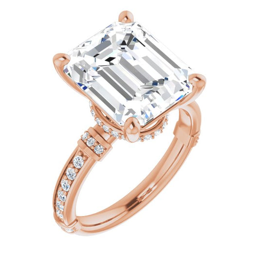 10K Rose Gold Customizable Emerald/Radiant Cut Style featuring Under-Halo, Shared Prong and Quad Horizontal Band Accents