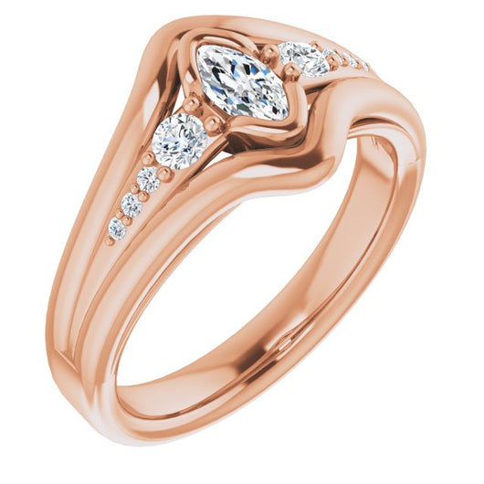 10K Rose Gold Customizable 9-stone Marquise Cut Design with Bezel Center, Wide Band and Round Prong Side Stones