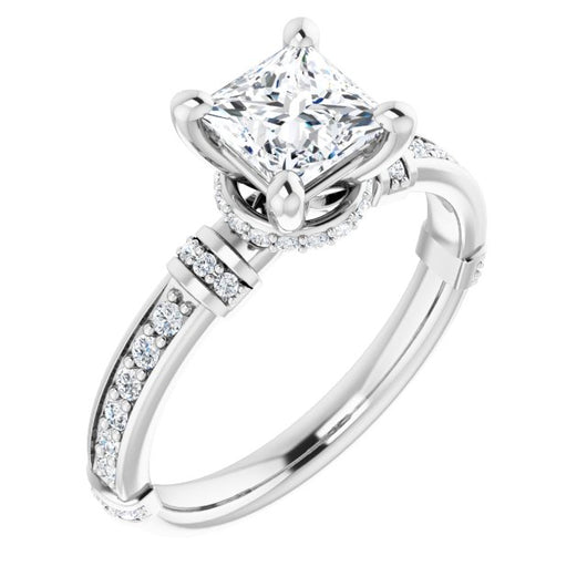 10K White Gold Customizable Princess/Square Cut Style featuring Under-Halo, Shared Prong and Quad Horizontal Band Accents