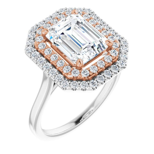 14K White & Rose Gold Customizable Cathedral-set Emerald/Radiant Cut Design with Double Halo