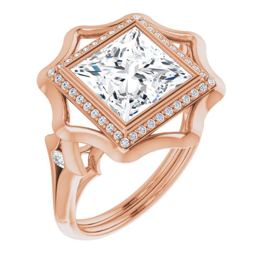 10K Rose Gold Customizable Bezel-set Princess/Square Cut with Halo & Oversized Floral Design