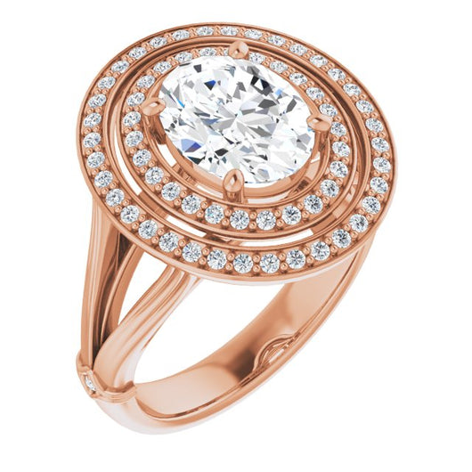 10K Rose Gold Customizable Cathedral-set Oval Cut Design with Double Halo, Wide Split Band and Side Knuckle Accents