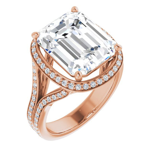 10K Rose Gold Customizable Cathedral-raised Emerald/Radiant Cut Setting with Halo and Shared Prong Band