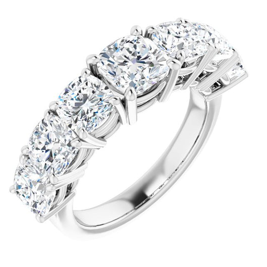 10K White Gold Customizable 7-stone Cushion Cut Design with Large Round-Prong Side Stones