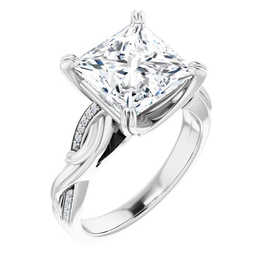 10K White Gold Customizable Cathedral-raised Princess/Square Cut Design featuring Rope-Braided Half-Pavé Band