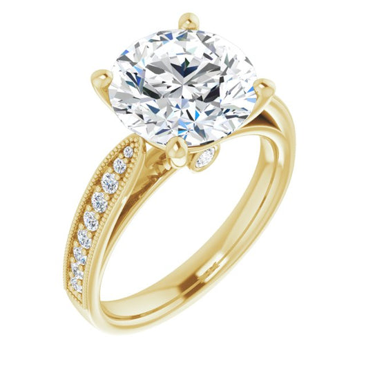 10K Yellow Gold Customizable Round Cut Style featuring Milgrained Shared Prong Band & Dual Peekaboos