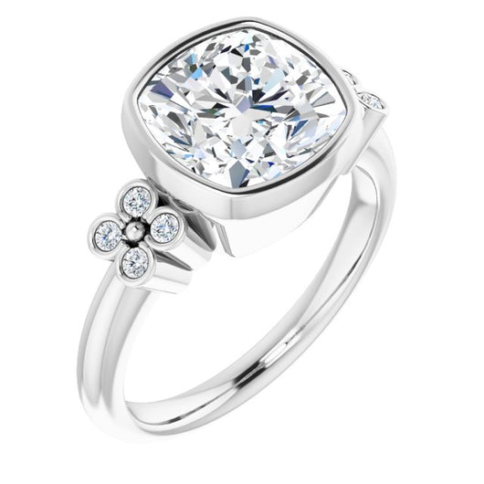 10K White Gold Customizable 9-stone Bezel-set Cushion Cut Design with Quad Round Bezel Side Stones Each Side