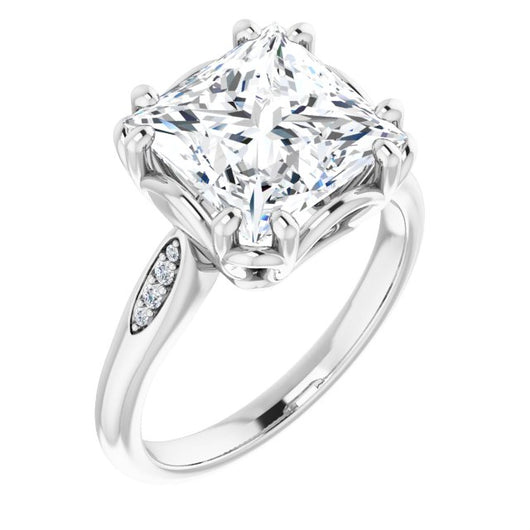 10K White Gold Customizable 9-stone Princess/Square Cut Design with 8-prong Decorative Basket & Round Cut Side Stones