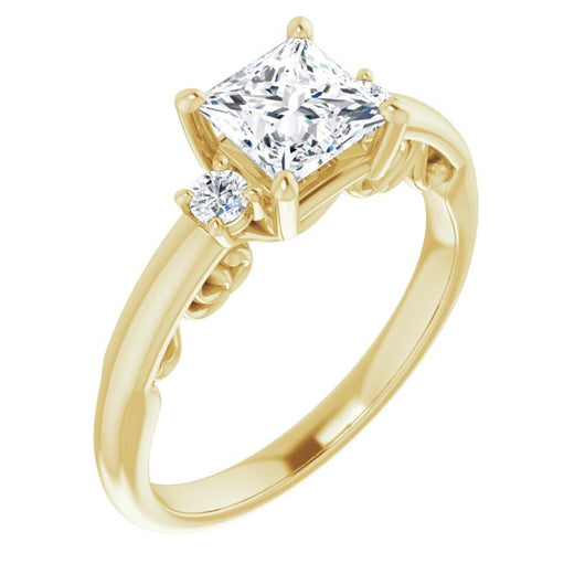 10K Yellow Gold Customizable Princess/Square Cut 3-stone Style featuring Heart-Motif Band Enhancement