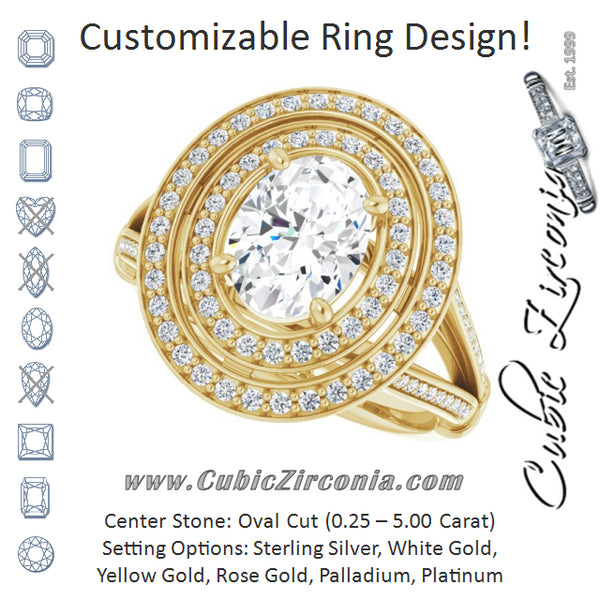 Cubic Zirconia Engagement Ring- The Chaunte (Customizable Cathedral-set Oval Cut Design with Double Halo, Wide Split-Shared Prong Band and Side Knuckle Accents)