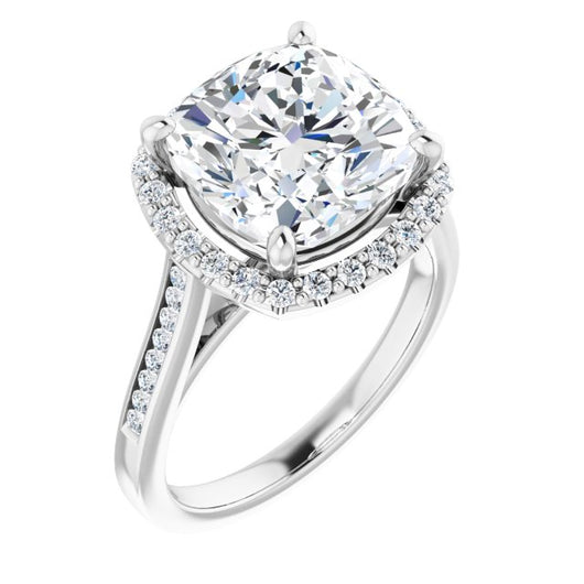 10K White Gold Customizable Cushion Cut Design with Halo, Round Channel Band and Floating Peekaboo Accents