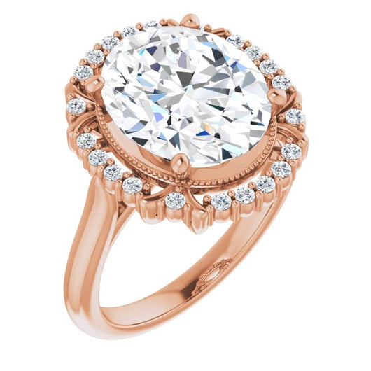 10K Rose Gold Customizable Oval Cut Design with Majestic Crown Halo and Raised Illusion Setting