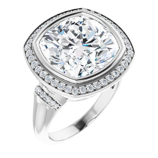 10K White Gold Customizable Bezel-set Cushion Cut Design with Halo and Vertical Round Channel Accents