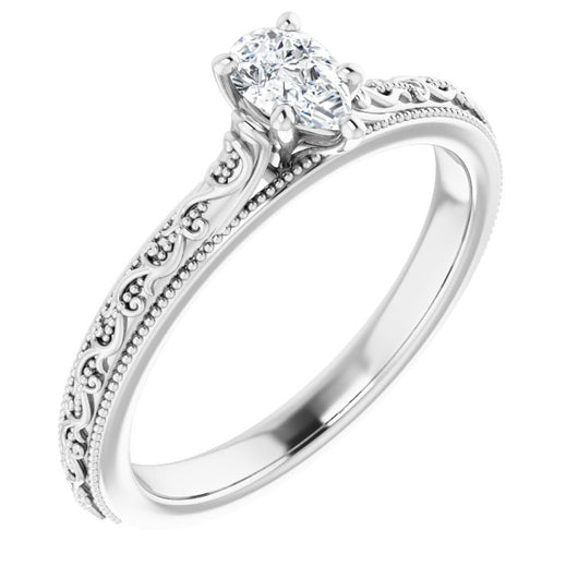 10K White Gold Customizable Pear Cut Solitaire with Delicate Milgrain Filigree Band