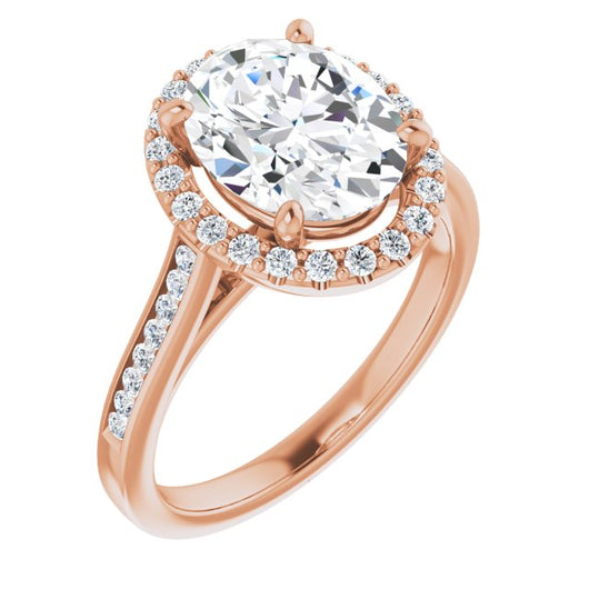 10K Rose Gold Customizable Oval Cut Design with Halo, Round Channel Band and Floating Peekaboo Accents