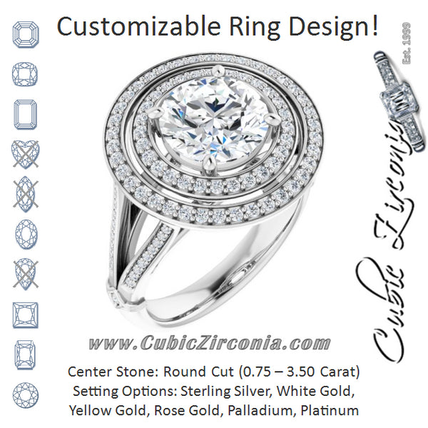 Cubic Zirconia Engagement Ring- The Chaunte (Customizable Cathedral-set Round Cut Design with Double Halo, Wide Split-Shared Prong Band and Side Knuckle Accents)