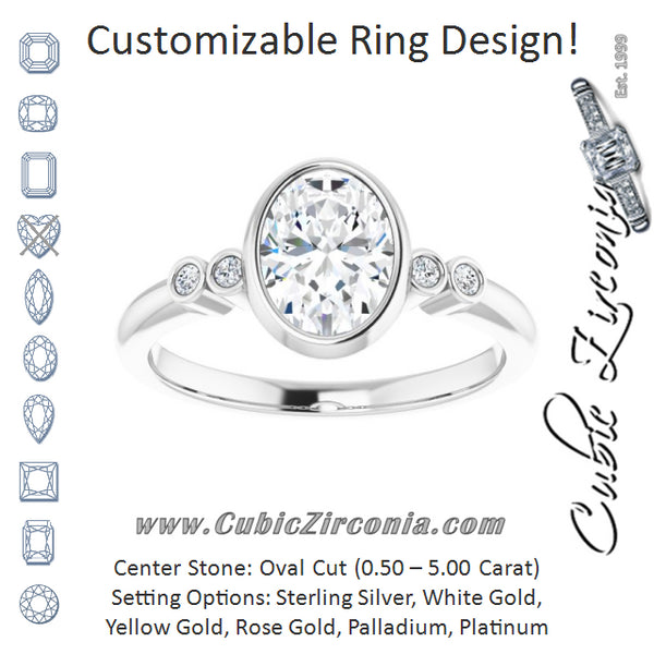 Cubic Zirconia Engagement Ring- The Mandira (Customizable 5-stone Bezel-set Oval Cut Design with Quad Round-Bezel Side Stones)